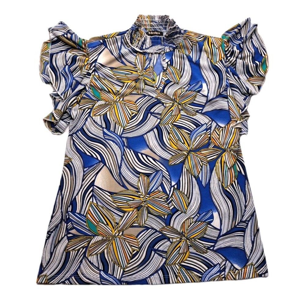 By Design Women's Multicored Blouse Mock Neck Ruffled Sleeves Size M Stretch EUC